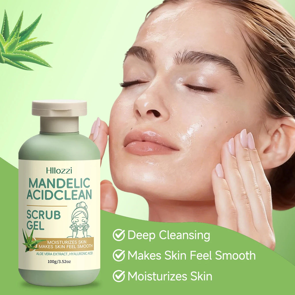 Gel de limpeza e esfoliação com ácido mandélico limpa profundamente, cuida suavemente da pele e remove sujeira superficial.