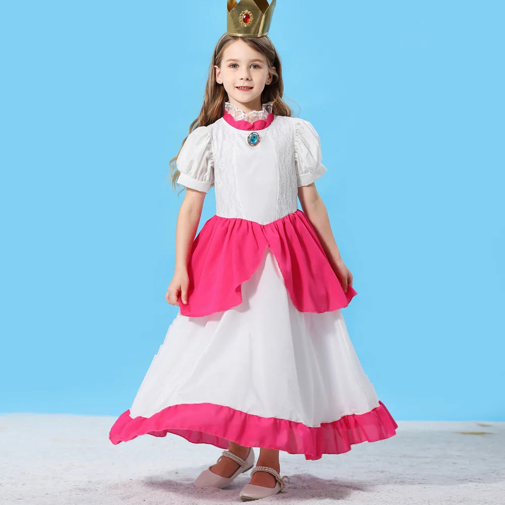 Pêssego rosalina vestido meninas margarida cosplay roupas crianças halloween vestir-se roupas de verão rendas applique princesa traje