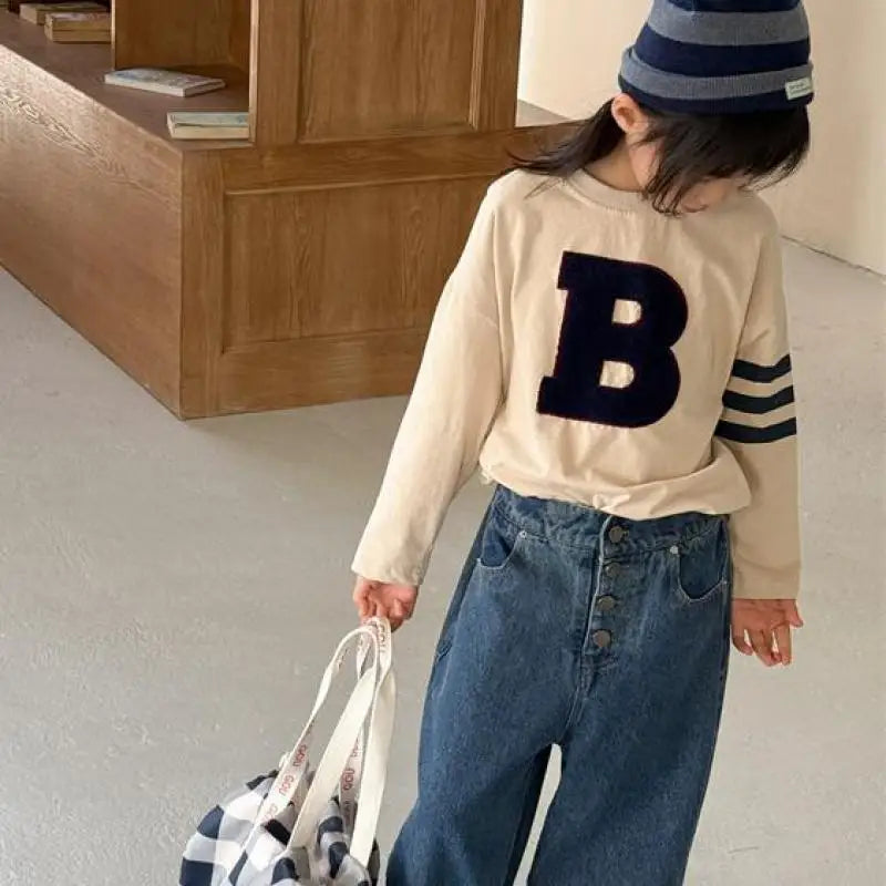 2025 primavera novas crianças manga longa t camisas soltas bebê menina carta moletom crianças meninos casual topos da criança algodão t