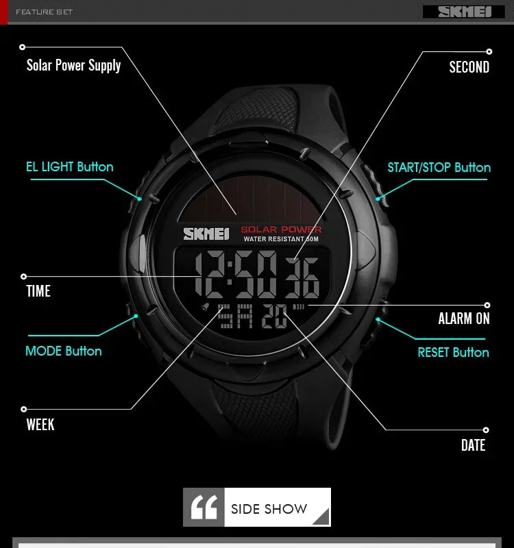 Skmei 1405 esporte digital relógios de pulso dos homens solar para energia ambientalmente alarme masculino reloj hombre relógios luminosos