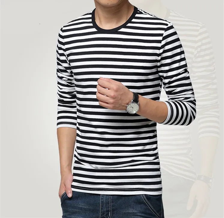 Estilo marinho camisa de manga longa masculina camiseta o pescoço listra t camisa masculina camisa marinha vintage básico 95% algodão camisa