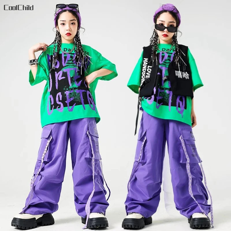 Conjunto de camiseta e calças infantis legais, trajes de jazz, Hip Hop Streetwear, roupas femininas, moda feminina, corredores de rua, colete infantil