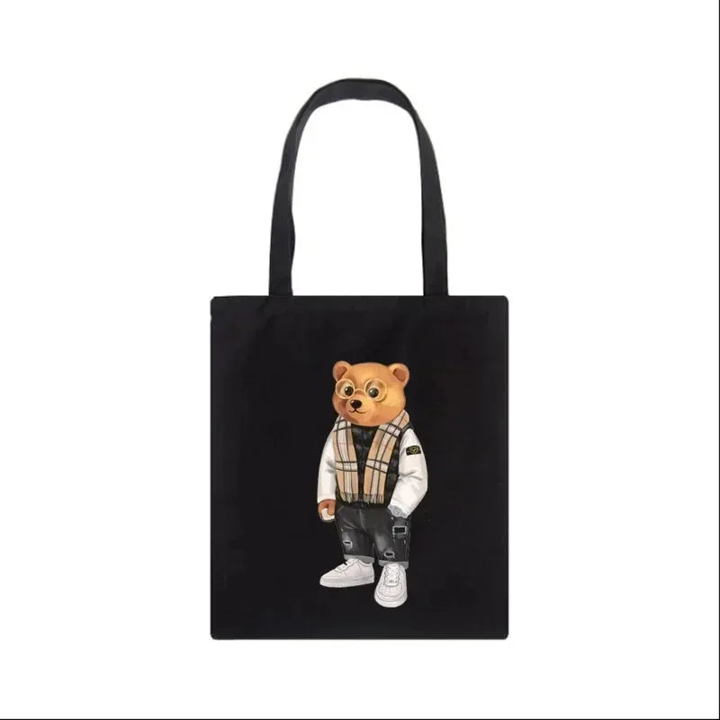 Moda urso impressão eco mulheres sacos de ombro bolsa feminina lona saco de compras casual grandes senhoras viagem totes sacos