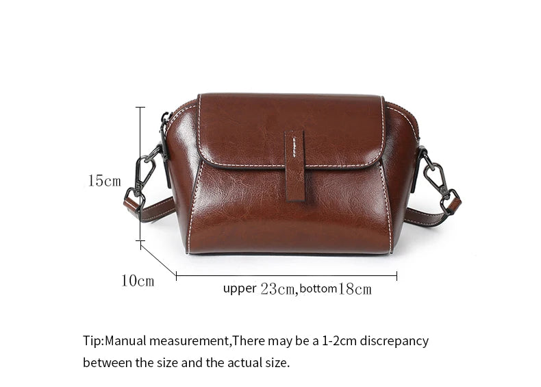 Bolsa transversal pequena de couro legítimo com acabamento em cera de óleo para mulher, bolsa fashion versátil em formato de concha, bolsa casual para celular.
