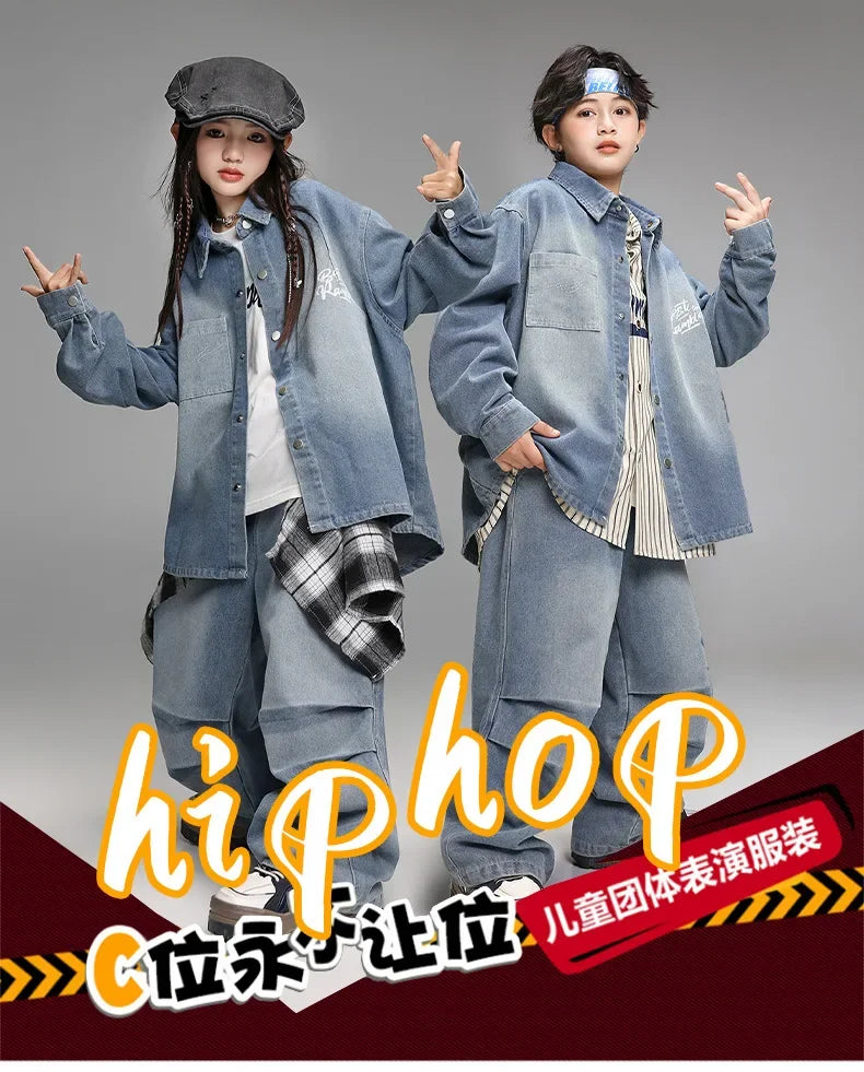 Crianças menino menina solta casual streetwear moda hip hop crianças denim camisa calça jeans define ternos agasalho roupas de palco traje