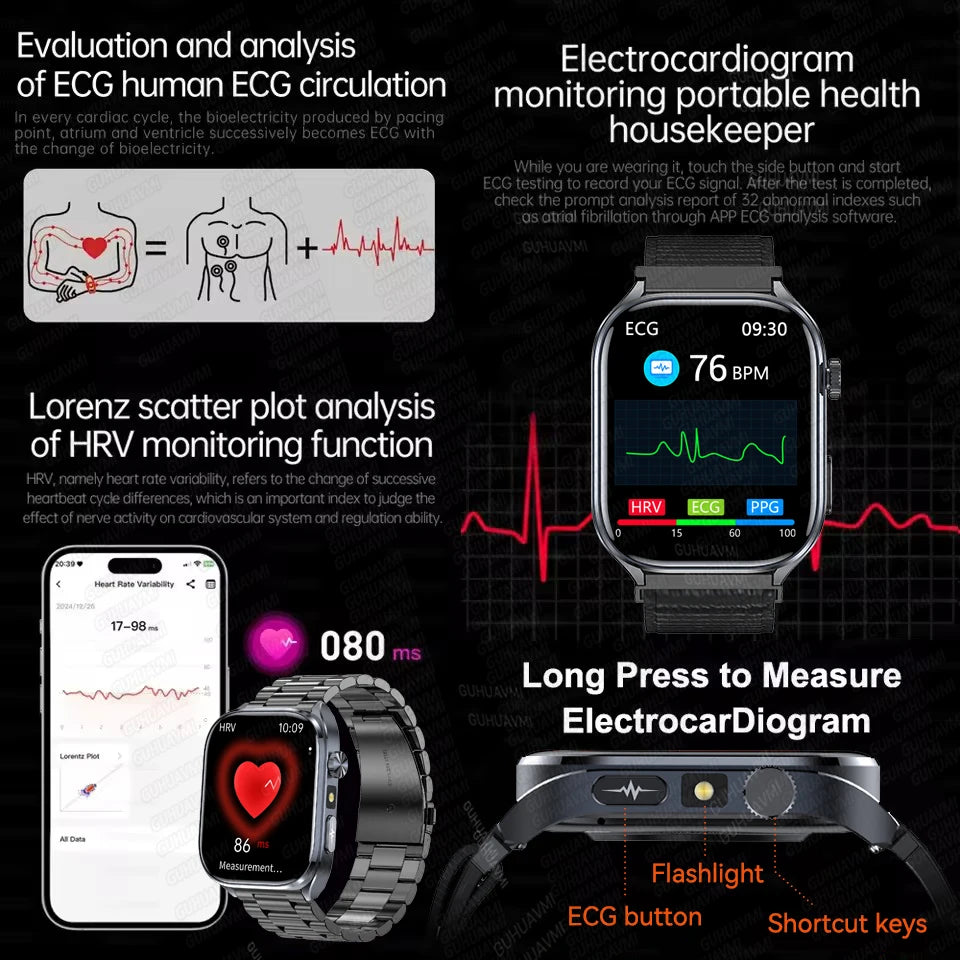Novo Smartwatch 2026 com ECG Preciso, Análise de Saúde Cardíaca, Análise de Sangue, Lipídios no Sangue, Pressão Arterial e Chamada Bluetooth para Homens