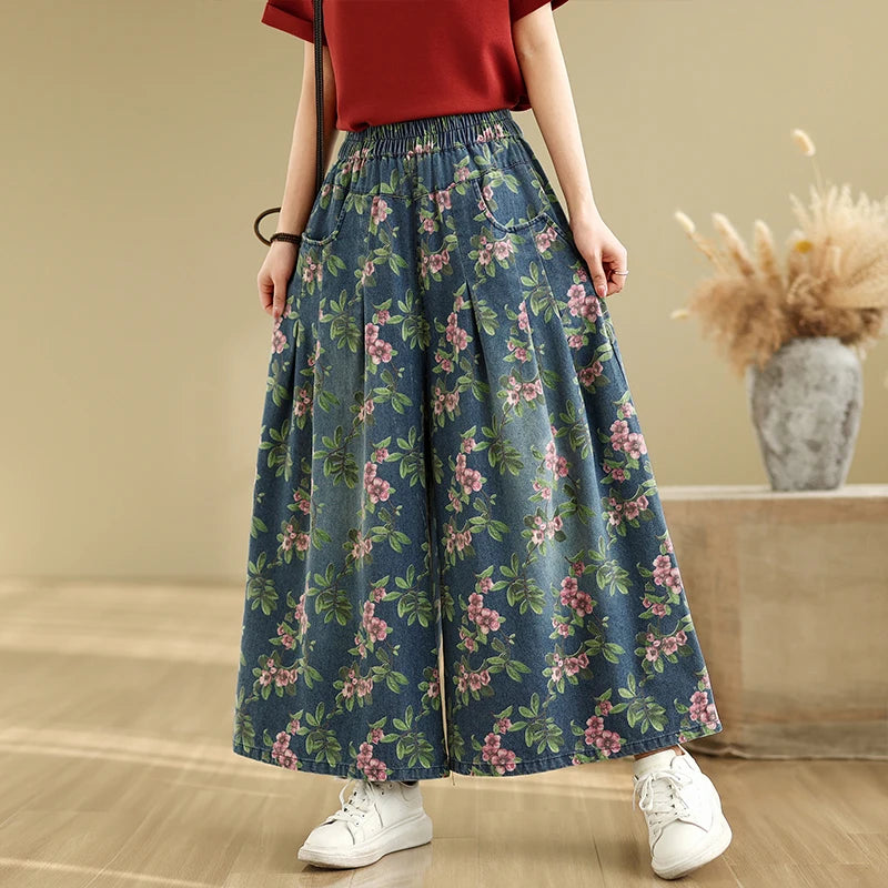 Calça Jeans Solta de Perna Larga Casual Versátil Estampada de Cintura Alta com Corte Reto para Verão e Primavera, Tamanhos ...