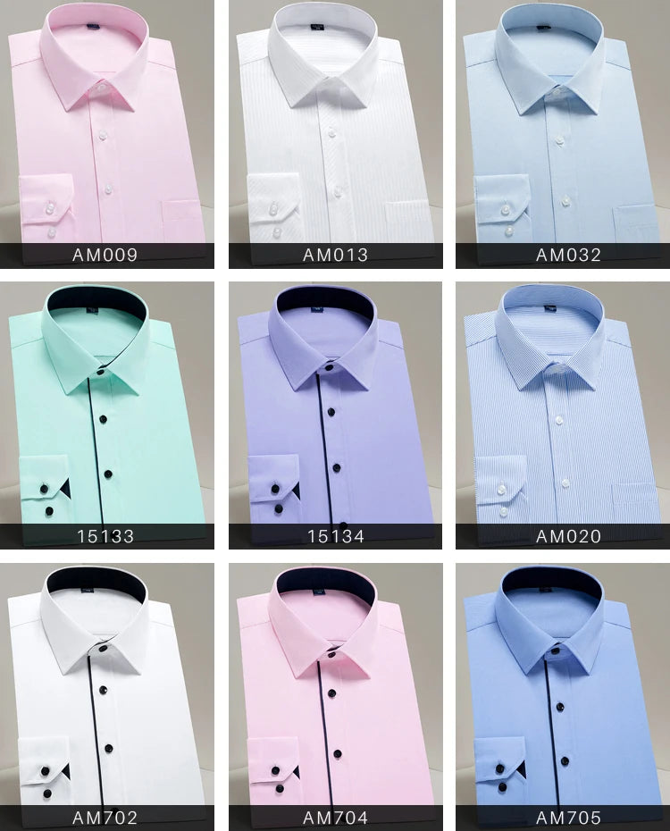 Camisas sociais masculinas clássicas de manga comprida, ajuste padrão, formal, negócios, social, simples, design básico, branco, trabalho, escritório, camisa casual