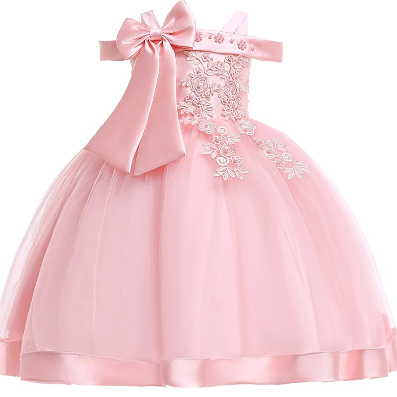 Apliques Femininos Flor Elegante Vestido de Noiva com Laço, Vestidos de Festa de Natal Infantil, 3 a 10 anos