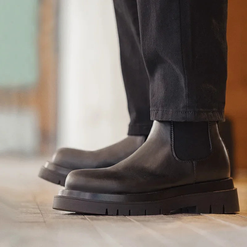 Botas Chelsea Vintage Masculinas Maden, Estilo Britânico, Botas Altas Pretas com Bico Redondo, Calçados Clássicos para Outono e Inverno