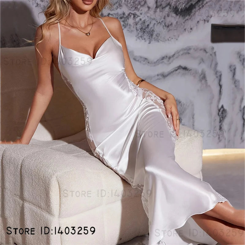 Feminino longo camisola chemise sleepwear sexy perspectiva renda camisola lingerie verão nova camisola de cetim casa wear loungewear