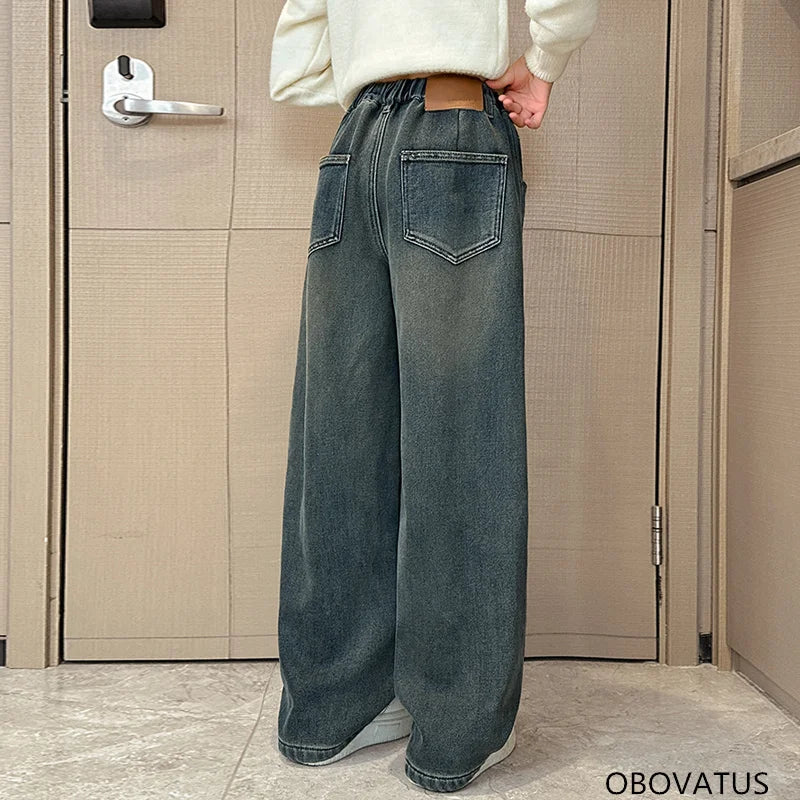 Crianças casuais solto em linha reta ajuste jeans para meninas perna larga legal calças jeans crianças adolescente primavera cintura elástica calças jeans