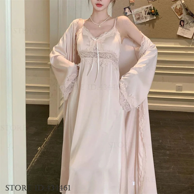 Feminino longo twinset robe conjunto sexy renda guarnição roupão de casamento quimono vestido sleepwear elegante seda gelo camisola loungewear homewear