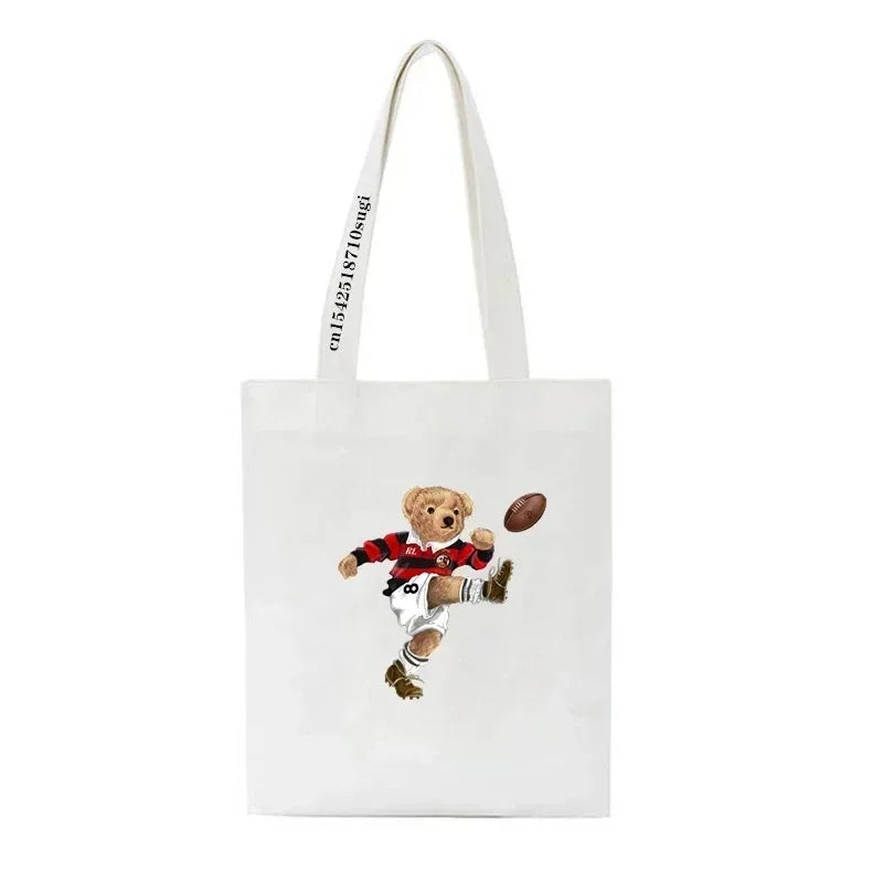 Moda urso impressão eco mulheres sacos de ombro bolsa feminina lona saco de compras casual grandes senhoras viagem totes sacos