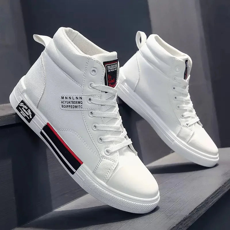 Sapato de lona respirável casual masculino, tênis de cano alto, sapato vulcanizado com renda, sapatilha antiderrapante, na moda