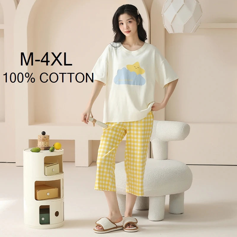 SUKAE-Conjunto de Pijamas dos desenhos animados das mulheres, 100% algodão, calça curta na altura do joelho, pijamas, capris loungewear, pijamas de verão, M-4XL