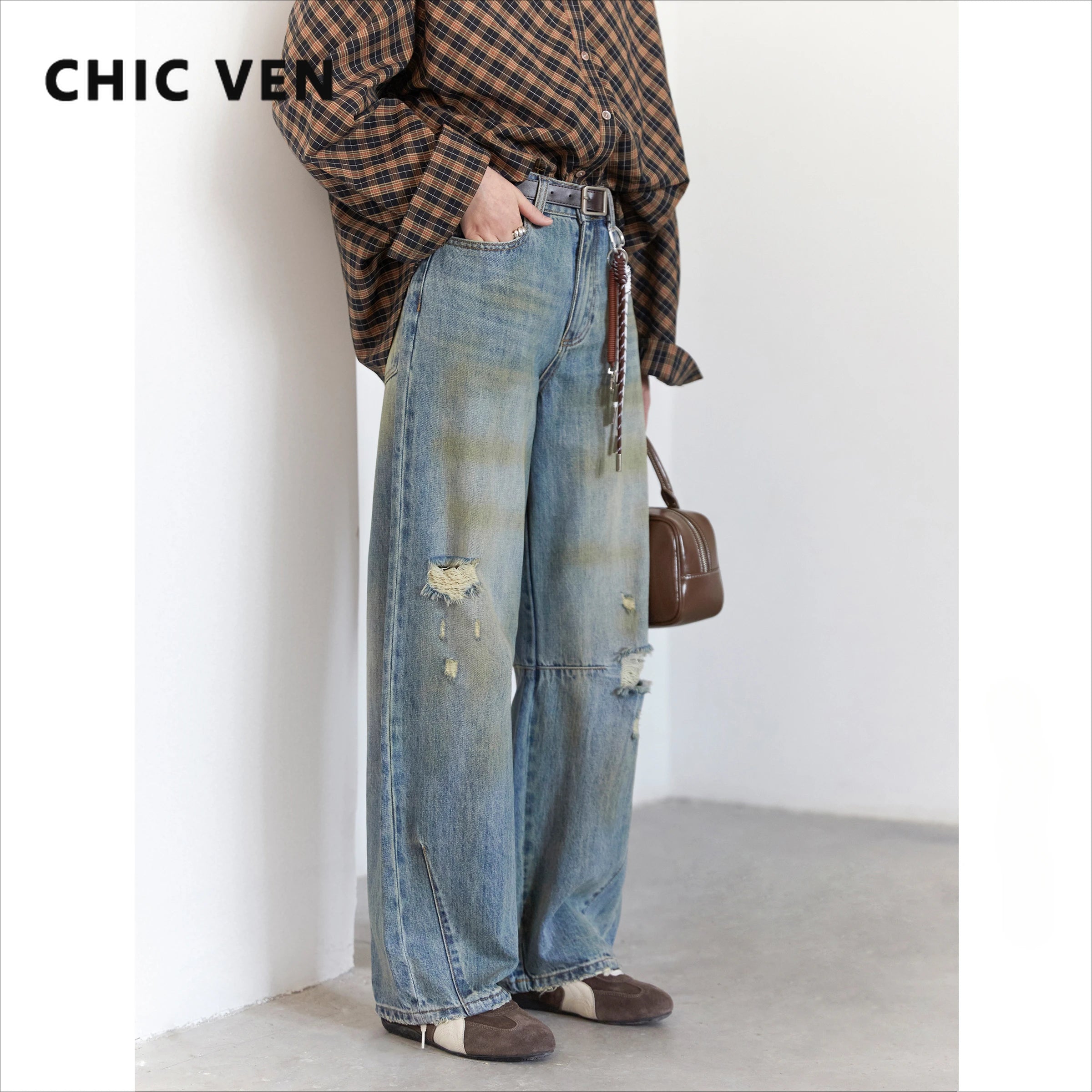 Chic ven retro calças de brim femininas soltas casuais nova cintura alta pernas largas denim calças femininas primavera outono 2025