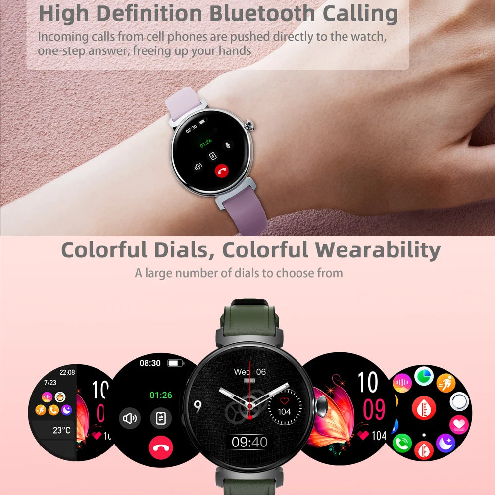 Amoled tela hd azul dente chamada smartwatch feminino relógios inteligentes à prova dwaterproof água esportes monitor de saúde freqüência cardíaca notificação mensagem