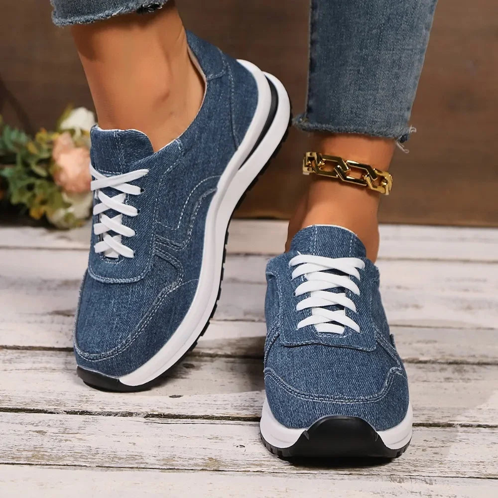 Azul denim plataforma tênis moda feminina sola grossa rendas até sapatos esportivos mulher plus size 43 confortável casual tênis femininos