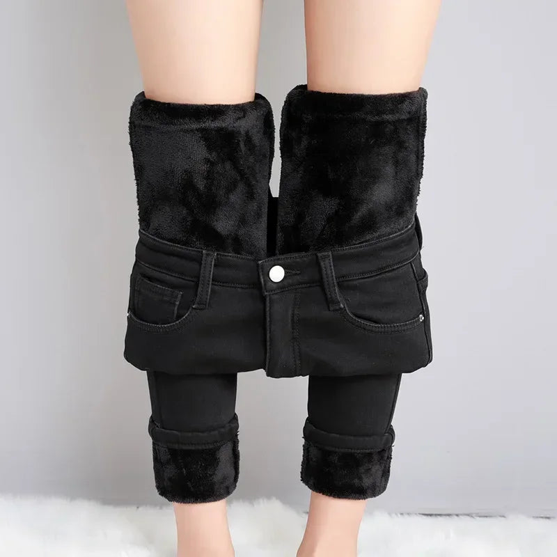 Inverno senhora térmica quente jeans de pelúcia magro estiramento jeans senhora fino ajuste lápis calças meninas perna reta denim