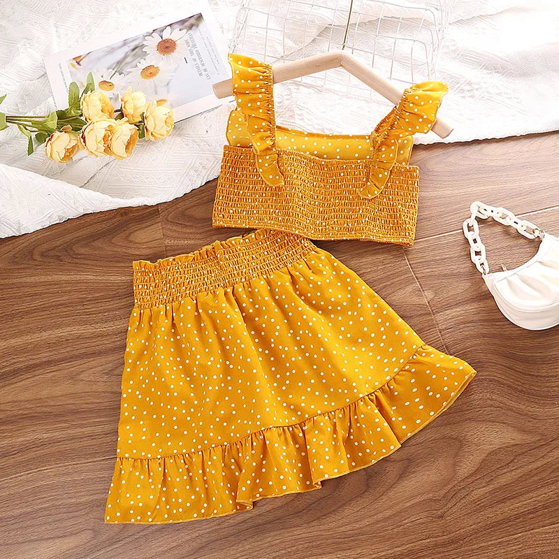 Conjunto de roupas para meninas 5-12t tricolor opcional manga voadora gola quadrada colete top + saias de renda crianças meninas conjunto de roupas de bebê