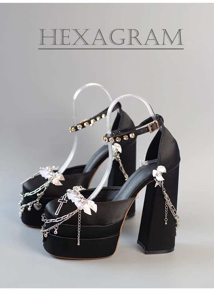 Cruz Japonesa Rhinestone Lolita Salto Alto para Mulheres, Corrente de Metal, Casamento da Noiva Rosa, Doce Sapatos Y2k Mary Jane, Salto Plataforma para Menina