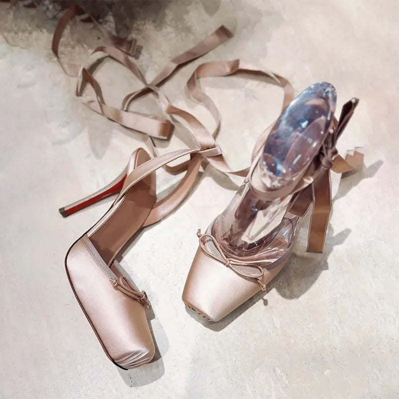Sandálias stiletto de ar traseiro feminino quadrado bandana borboleta festa de casamento ballet salto alto 2025 verão novo estilo