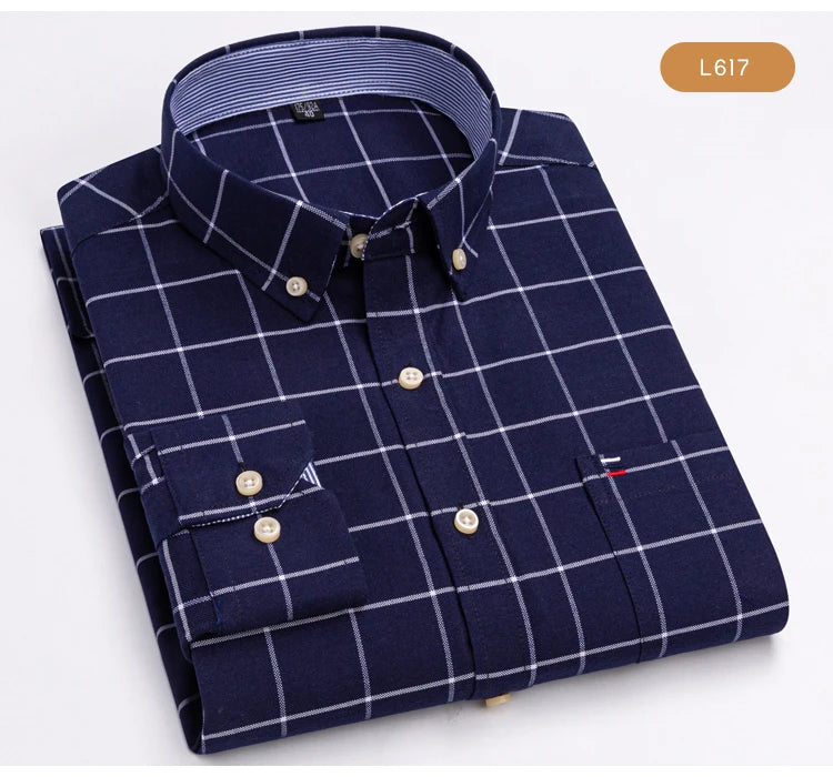 Camisas de vestido de algodão com design de gola de lapela listrada xadrez na moda masculina, camisa casual de manga comprida com botões para primavera/outono