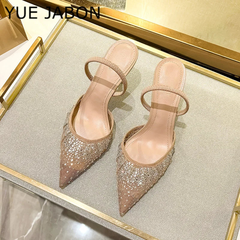 Glitter strass apontou chinelos feminino salto alto verão flip flops feminino sexy sandálias de festa malha respirável mule bombas