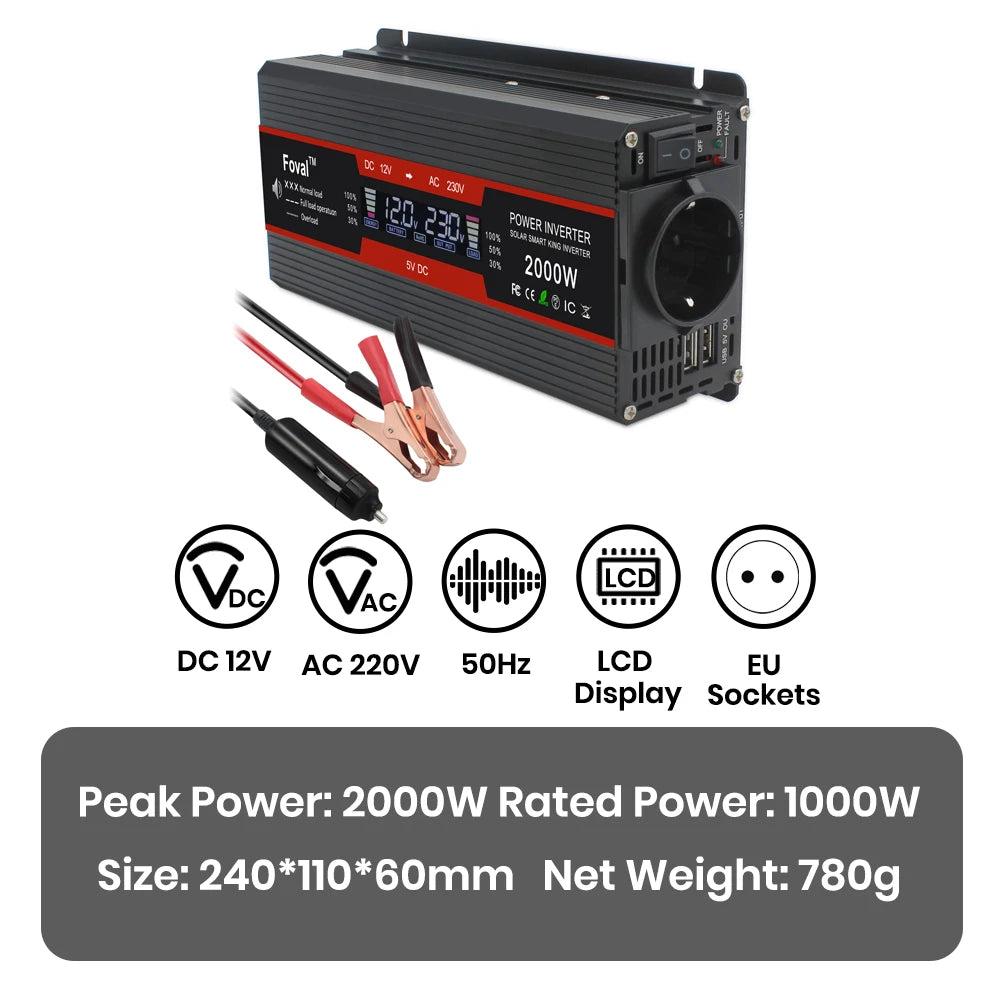 Inversor de energia solor com display lcd, dc 12v/24v para ac 220v 230v 1500w/2000w/2600w, conversor de tensão preto, soquete ue, acessórios automotivos