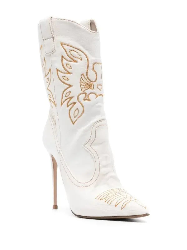 Moda feminina europeia e americana salto alto apontado ocidental denim bordado linha joelho manga alta botas de strass