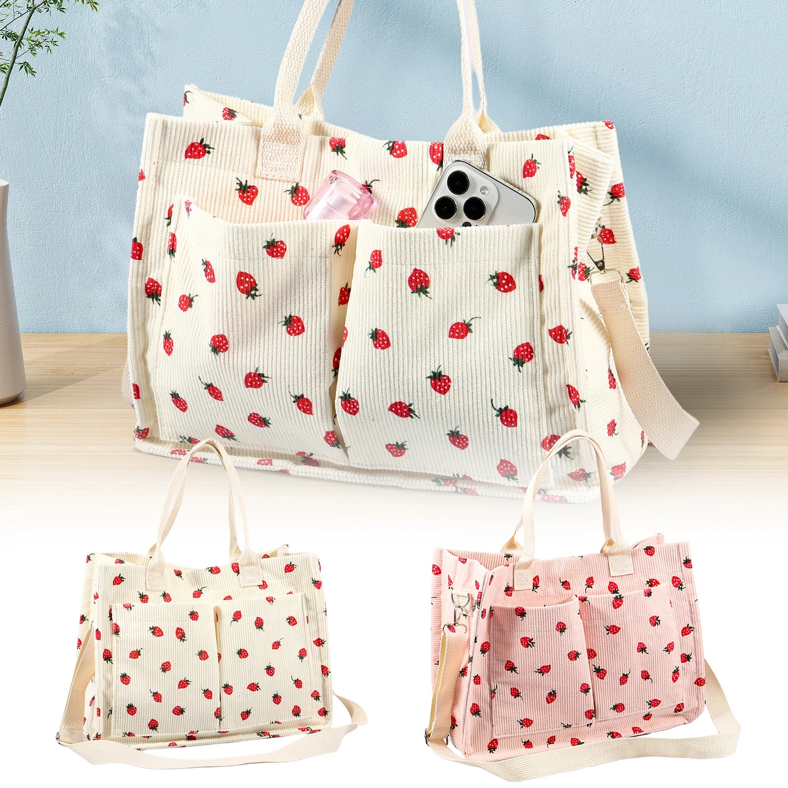 Bolsa tote fofa de morango com remendo para mulheres, bolsa tote de tecido de grande capacidade, sacola duradoura com ombro ajustável