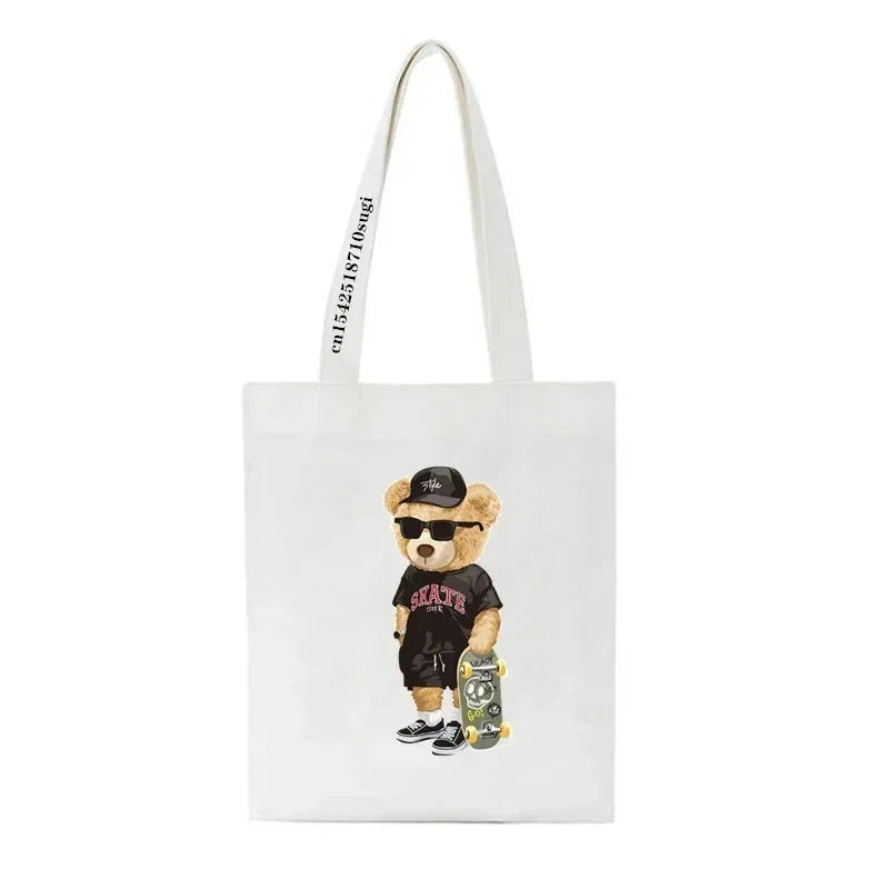 Moda urso impressão eco mulheres sacos de ombro bolsa feminina lona saco de compras casual grandes senhoras viagem totes sacos