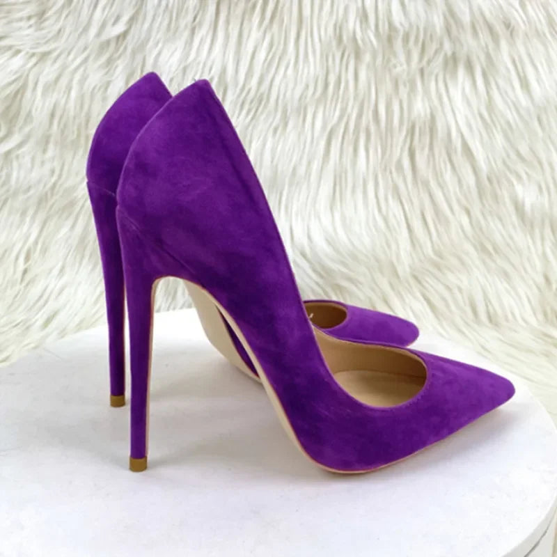 Estrela estilo camurça sapatos femininos de salto alto marca moda bombas sexy dedo do pé apontado 8cm 10cm 12cm confortável casamento roxo sapatos femininos