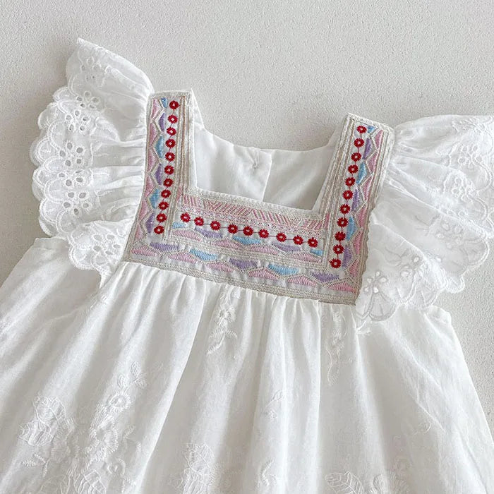 2025 novo verão crianças vestido 2-6 anos crianças vestidos de princesa manga voadora algodão bordado bebê menina vestido de festa irmã roupas