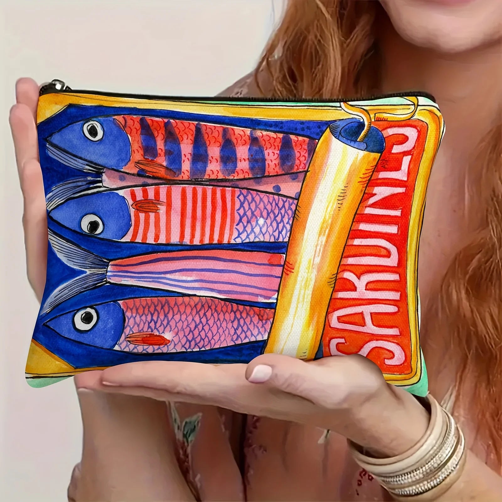 Bolsa de maquiagem com zíper resistente ao desbotamento durável - Organizador de viagem multifuncional com design retrô de sardinas para cosméticos, lanches, moedas