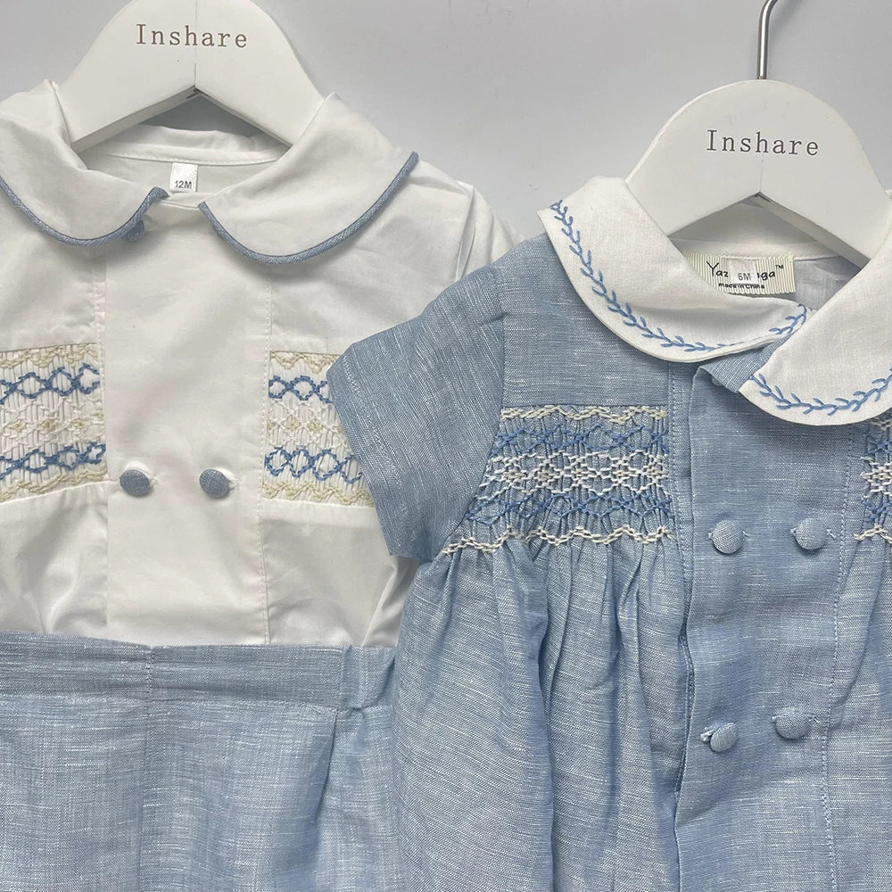Roupa de boutique infantil, artesanal para menino, conjunto bordado, algodão azul, manga curta, roupa de irmãos, batizado, aniversário
