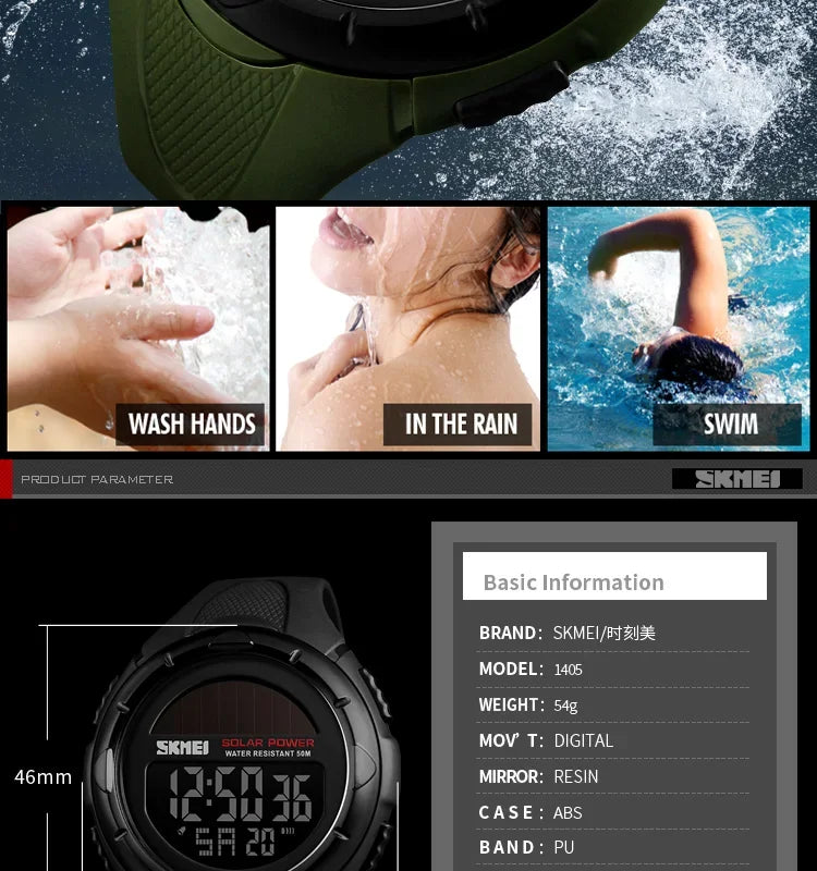 Skmei 1405 esporte digital relógios de pulso dos homens solar para energia ambientalmente alarme masculino reloj hombre relógios luminosos