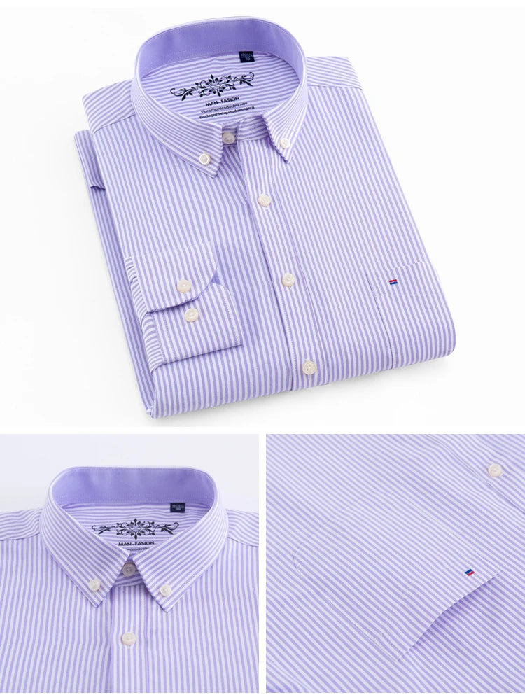 Camisa casual de trabalho listrada xadrez oxford de manga comprida masculina com bolso, camisas de botão de ajuste regular de mistura de algodão primavera outono