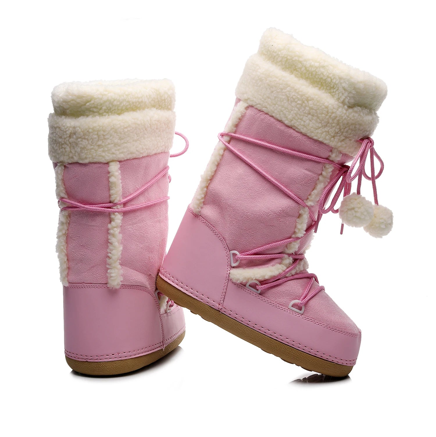 Botas de inverno rosa botas de neve femininas sola grossa botas de esqui quentes meados de bezerro botas de espaço antiderrapantes sapatos de algodão navio livre