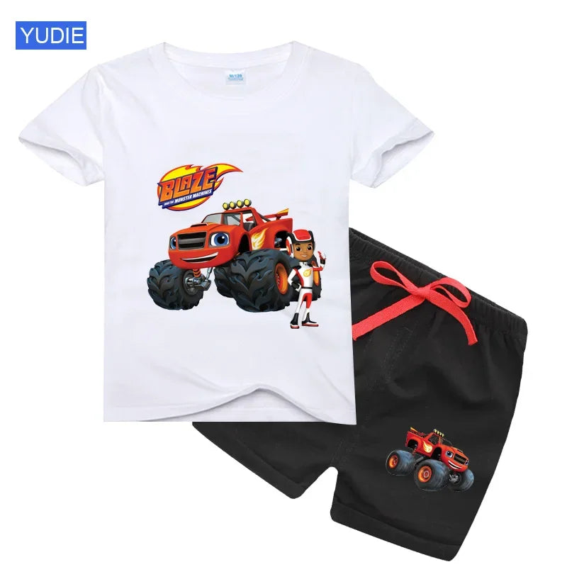 Conjunto de t-shirts e shorts para bebês e meninas, roupas de desenhos animados, velocidade incrível, carros, máquinas monstro, crianças, terno 2pcs, verão