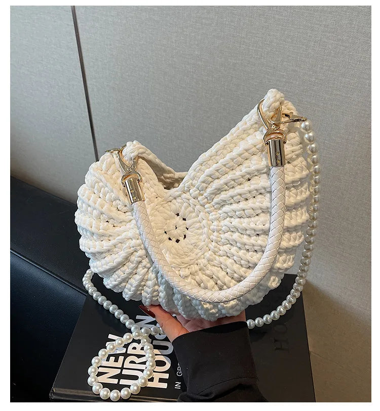 Criativo concha em forma de crochê feminino ombro sacos engraçado bonito pérolas correntes artesanal tecer crossbody saco novidade pequenas bolsas