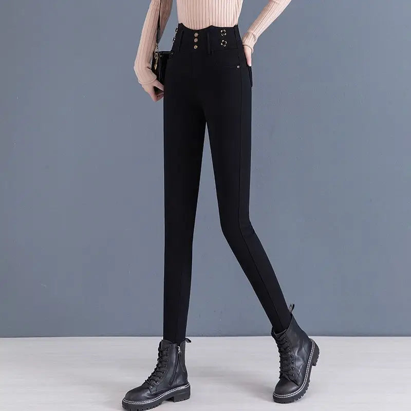 Jeans coreano elástico de cintura alta com pelúcia ártica, zíper de botão monocromático, calça lápis reta preta, moda fina, outono e inverno, nova