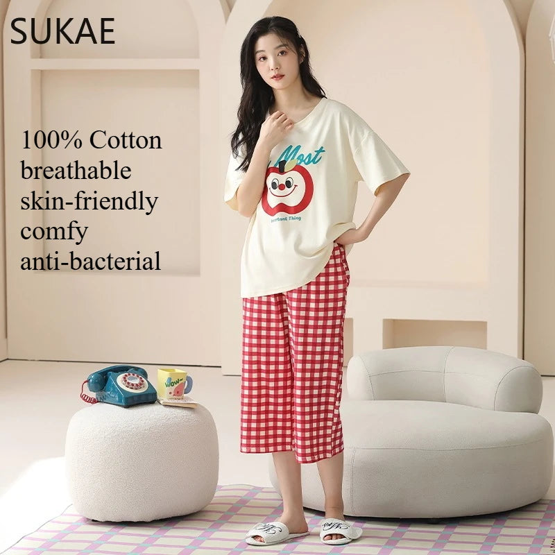 SUKAE-Conjunto de Pijamas dos desenhos animados das mulheres, 100% algodão, calça curta na altura do joelho, pijamas, capris loungewear, pijamas de verão, M-4XL