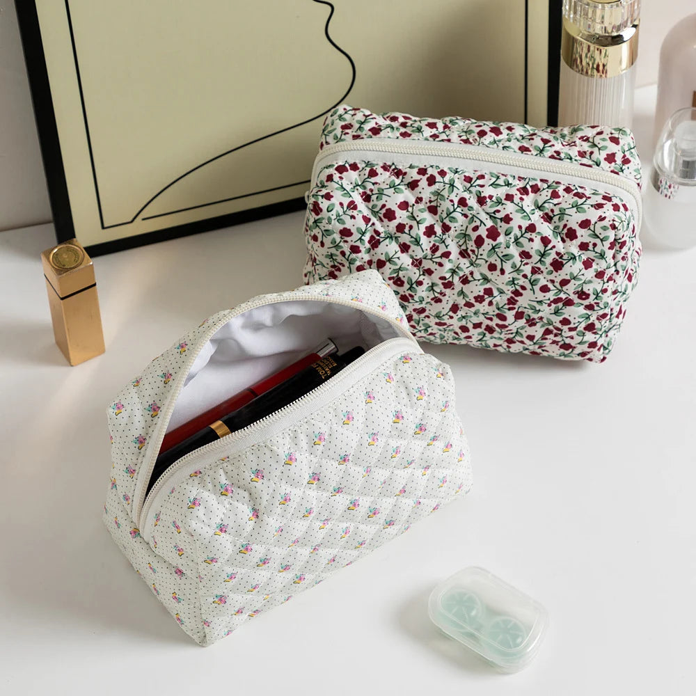 Sacos de maquiagem florais acolchoados com zíper bonito impressão flor organizador de armazenamento acessório de maquiagem saco de higiene pessoal grande saco de cosméticos feminino