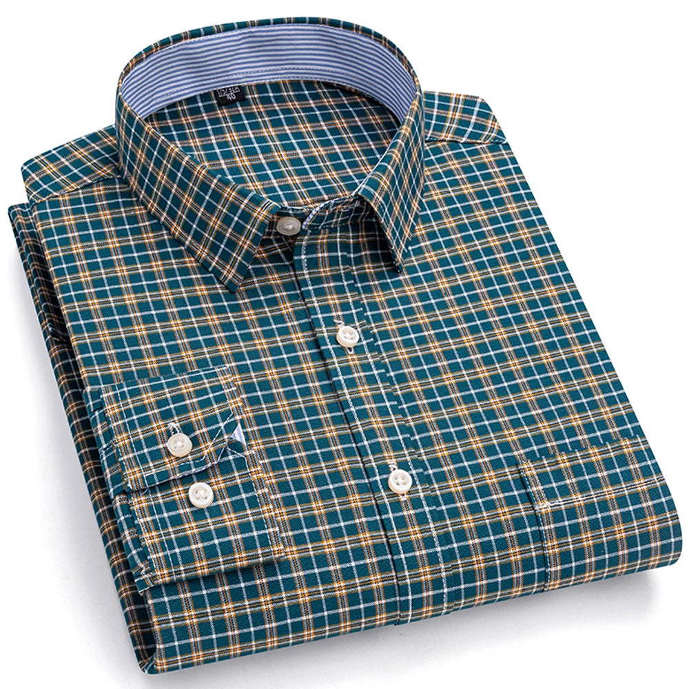 Camisas de vestido de algodão com design de gola de lapela listrada xadrez na moda masculina, camisa casual de manga comprida com botões para primavera/outono