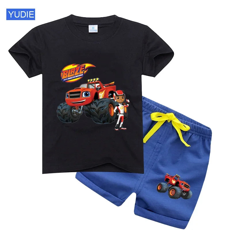 Conjunto de t-shirts e shorts para bebês e meninas, roupas de desenhos animados, velocidade incrível, carros, máquinas monstro, crianças, terno 2pcs, verão