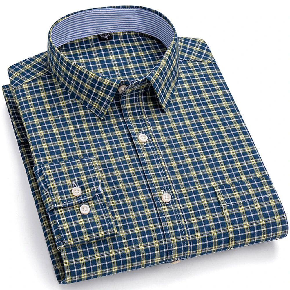 Camisas de vestido de algodão com design de gola de lapela listrada xadrez na moda masculina, camisa casual de manga comprida com botões para primavera/outono
