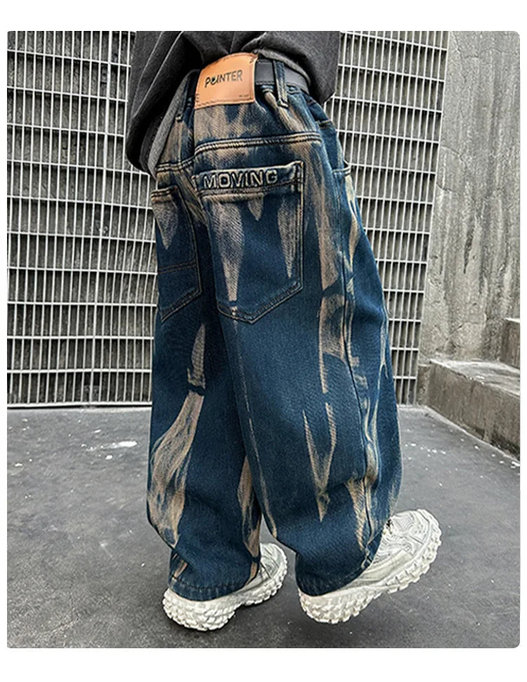 Crianças graffiti jeans meninos primavera e outono 2025 novas crianças adolescentes bonito meninos perna reta solta calças de perna larga