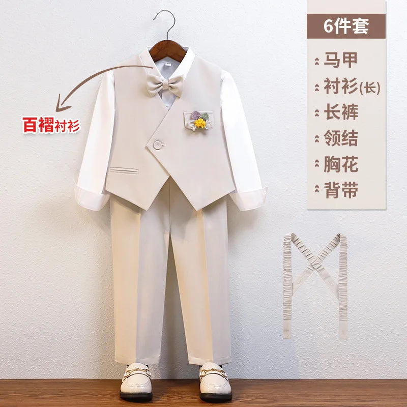 Cavalheiro crianças verão respirável vestido de casamento escola meninos colete camisa calças gravata borboleta fotografia terno crianças traje aniversário